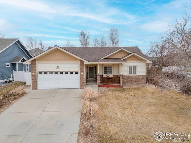 single story home featuring brick siding, a porch, roof with shingles, a garage, and driveway