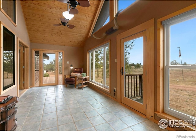 sunroom featuring plenty of natural light, ceiling fan, wooden ceiling, and vaulted ceiling