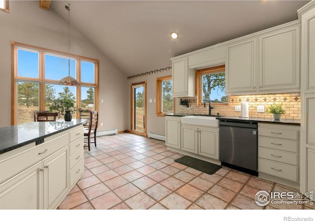 kitchen with a sink, decorative backsplash, dishwasher, dark countertops, and a baseboard heating unit