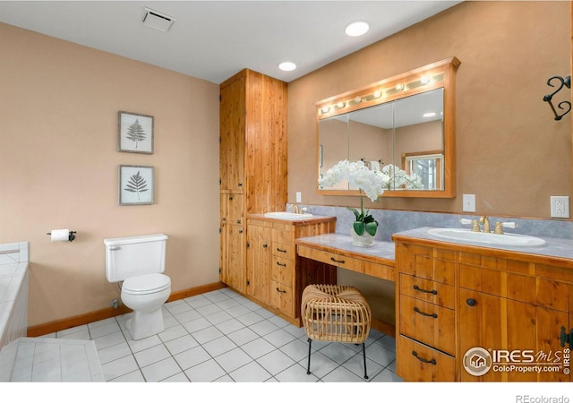 bathroom with tile patterned floors, visible vents, toilet, a sink, and double vanity