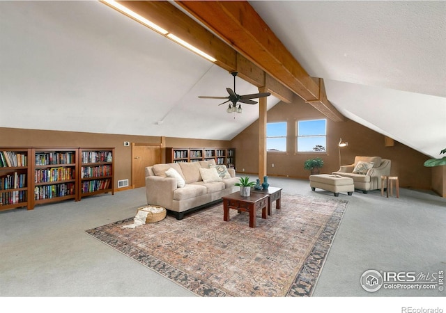 living room with visible vents, lofted ceiling with beams, ceiling fan, and carpet floors