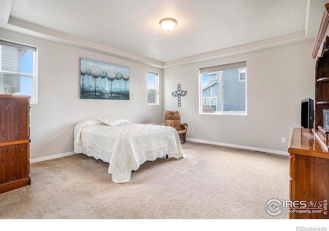 carpeted bedroom featuring a raised ceiling and baseboards