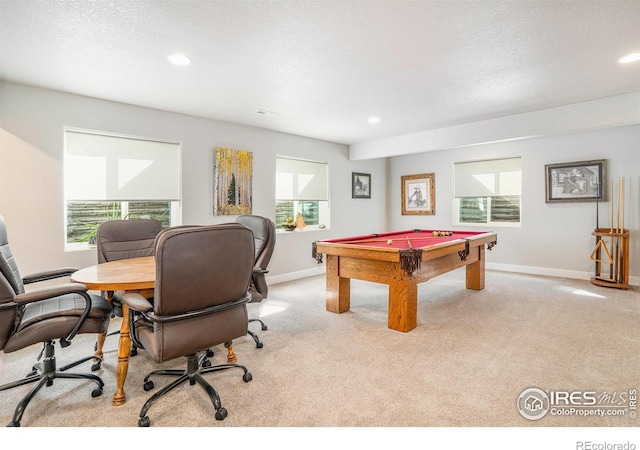 rec room featuring a wealth of natural light, baseboards, carpet, and pool table