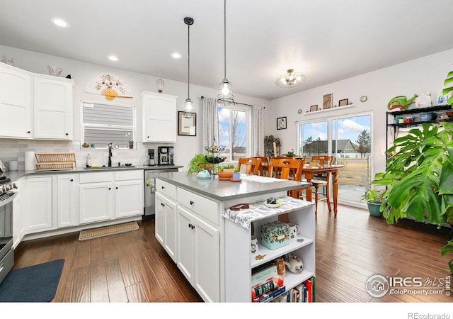 kitchen featuring a sink, stainless steel appliances, tasteful backsplash, and dark wood-style floors