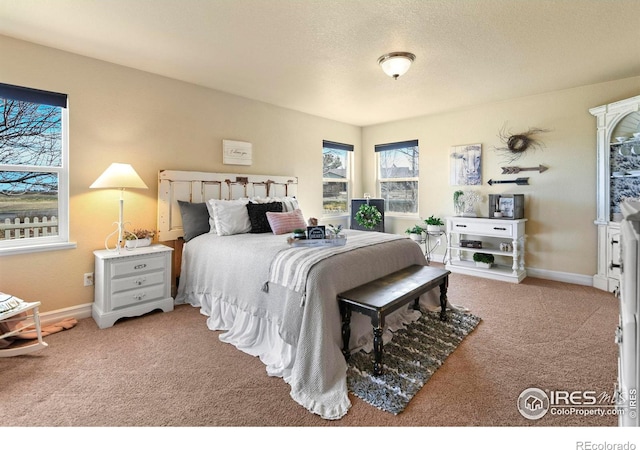 bedroom featuring a textured ceiling, baseboards, and carpet floors
