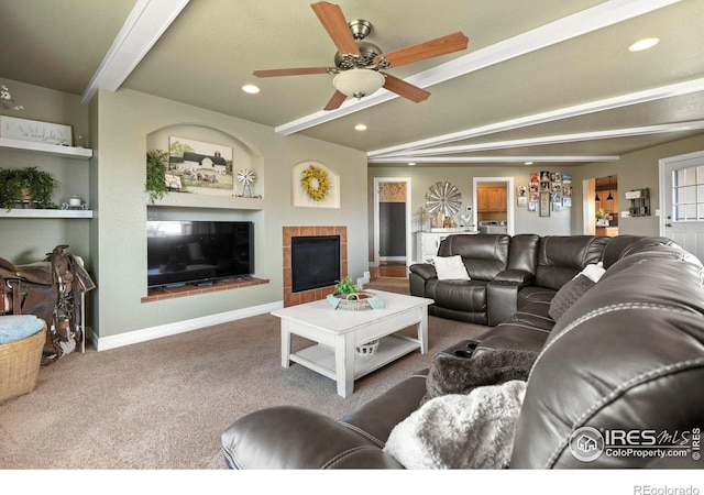 living room with recessed lighting, carpet flooring, beamed ceiling, and a ceiling fan