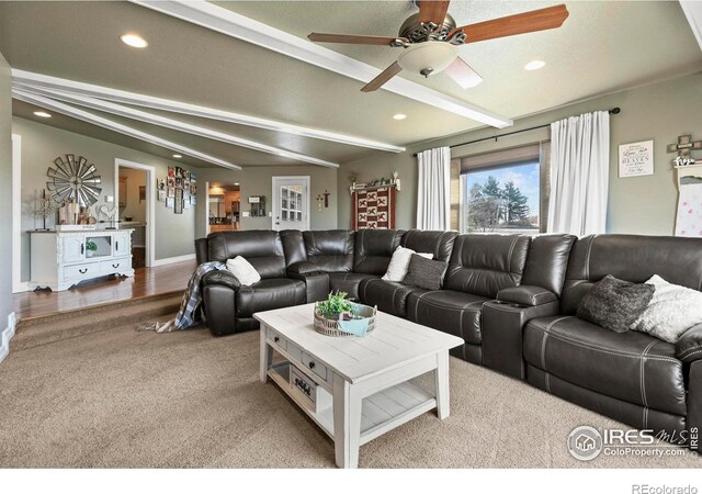 33409 Faith Ln, Eaton, CO 80615 - living area with a ceiling fan, beam ceiling, recessed lighting, and carpet floors
