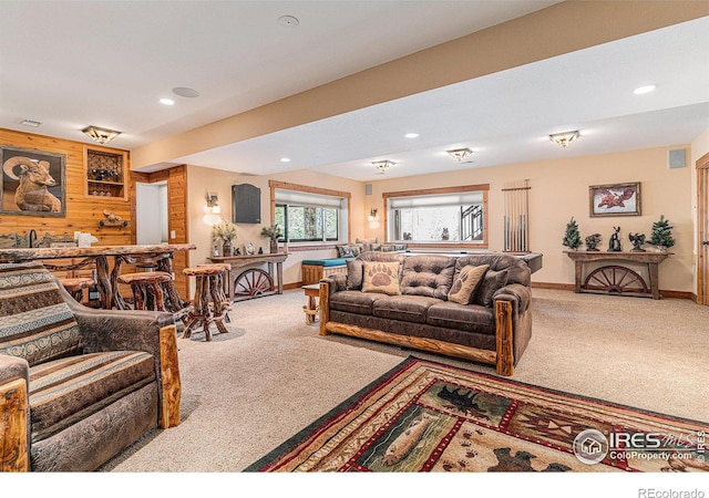 9512 County Road 43, Glen Haven, CO 80532 - living room featuring wooden walls, recessed lighting, baseboards, and carpet floors