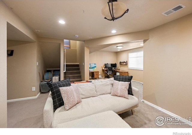 2120 Timber Creek Dr Unit 3, Fort Collins, CO 80528 - carpeted living area with recessed lighting, baseboards, visible vents, and stairway
