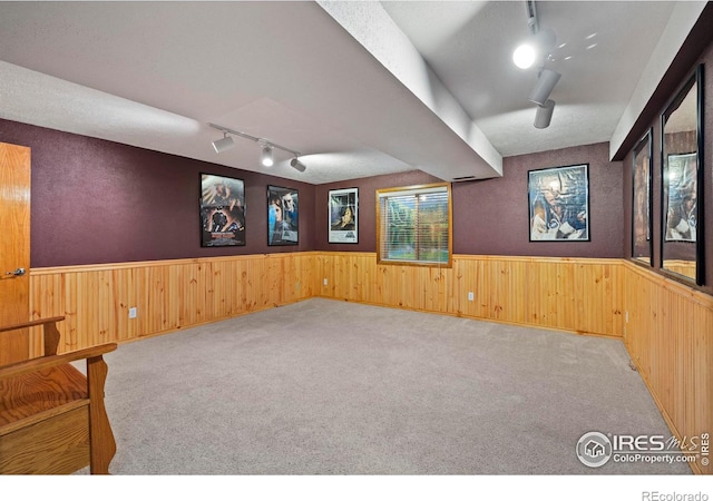 2418 Maplewood Cir E, Longmont, CO 80503 - carpeted empty room featuring rail lighting, a wainscoted wall, and wooden walls