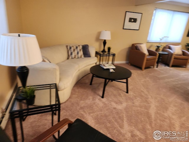 living room with baseboards and carpet