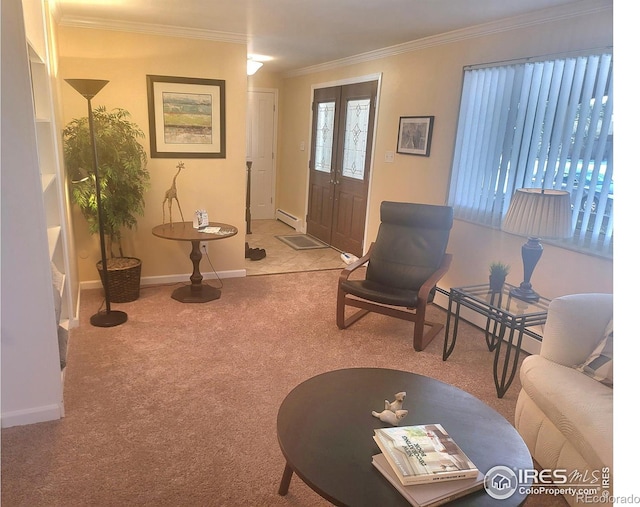 living room featuring carpet flooring, a baseboard heating unit, baseboards, and ornamental molding