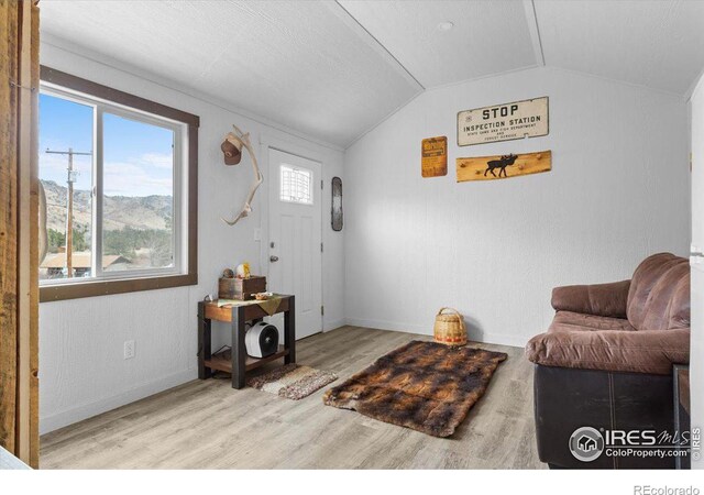 59 W Rustic Rd, Bellvue, CO 80512 - entryway featuring vaulted ceiling, baseboards, and wood finished floors