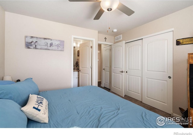 carpeted bedroom with a closet, visible vents, and ceiling fan