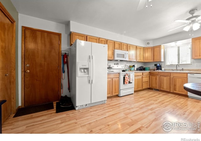 562 E St, Hillrose, CO 80733 - kitchen featuring white appliances, light countertops, a ceiling fan, light wood finished floors, and a sink