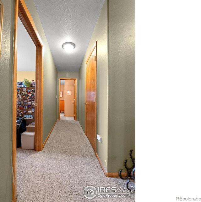 562 E St, Hillrose, CO 80733 - hallway with baseboards, carpet, and a textured ceiling