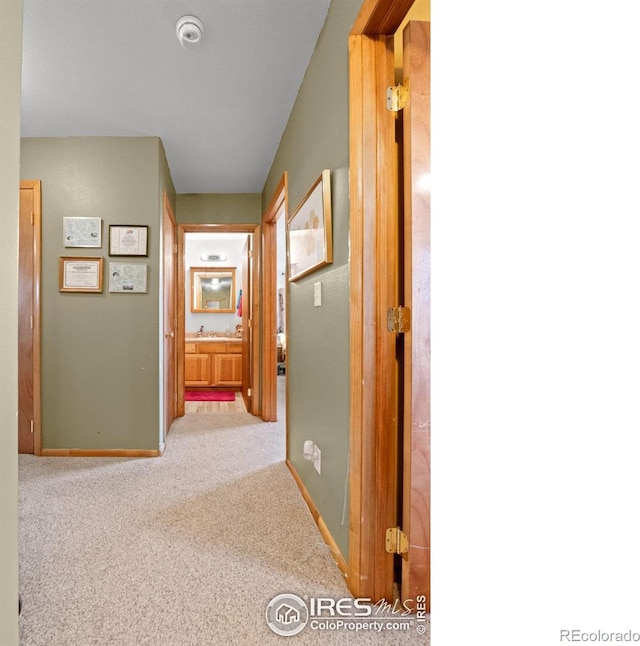 562 E St, Hillrose, CO 80733 - corridor with baseboards, a sink, and carpet floors