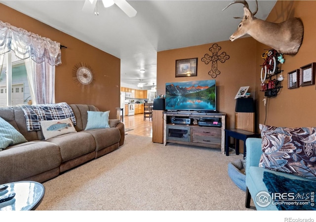562 E St, Hillrose, CO 80733 - living room featuring a ceiling fan and carpet flooring