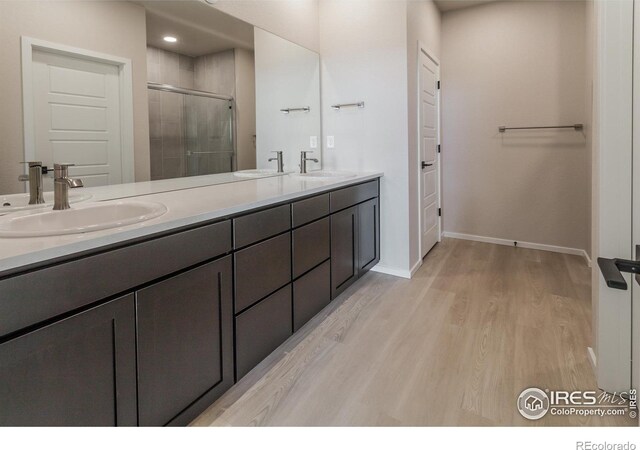 full bath featuring a shower stall, wood finished floors, and a sink