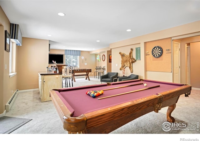 12023 Coal Creek Heights Dr, Golden, CO 80403 - game room with pool table, a baseboard heating unit, recessed lighting, and light carpet