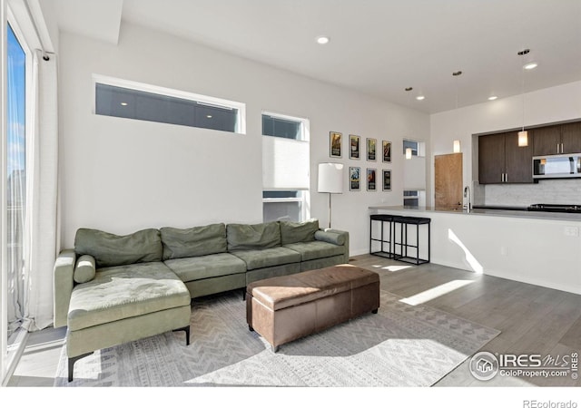 living room with recessed lighting and wood finished floors