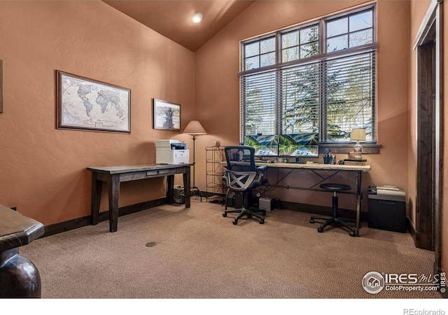 carpeted office with lofted ceiling, a textured wall, and baseboards