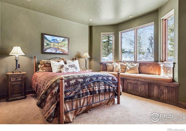 carpeted bedroom with a textured wall