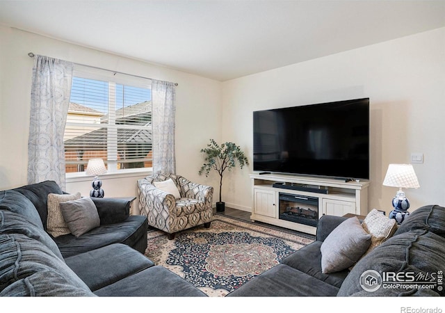 254 Ptarmigan Ln, Johnstown, CO 80534 - living room featuring wood finished floors and a glass covered fireplace
