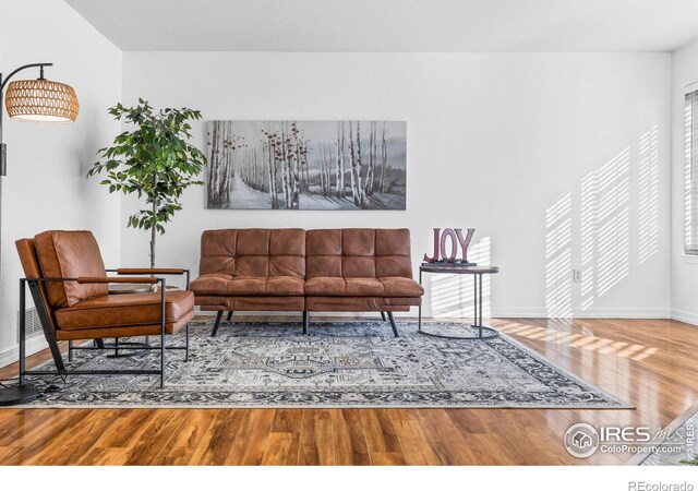 living area featuring wood finished floors and baseboards