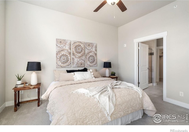 carpeted bedroom featuring a ceiling fan and baseboards