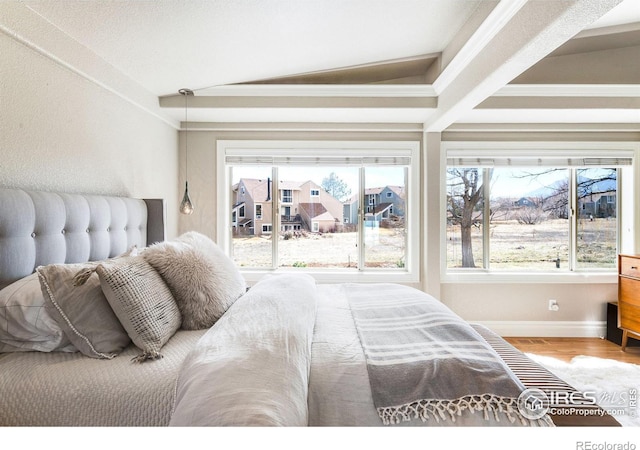 3380 Longwood Ave, Boulder, CO 80305 - bedroom featuring vaulted ceiling, multiple windows, wood finished floors, and baseboards