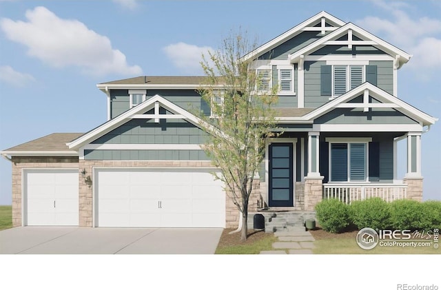 craftsman-style house featuring a porch, an attached garage, driveway, and stone siding