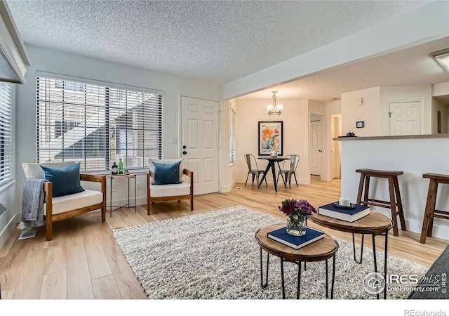 4799 White Rock Cir Unit D, Boulder, CO 80301 - living area featuring a chandelier, a textured ceiling, and light wood finished floors