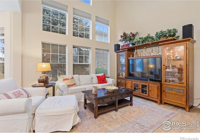 living area featuring light wood-style floors and a towering ceiling