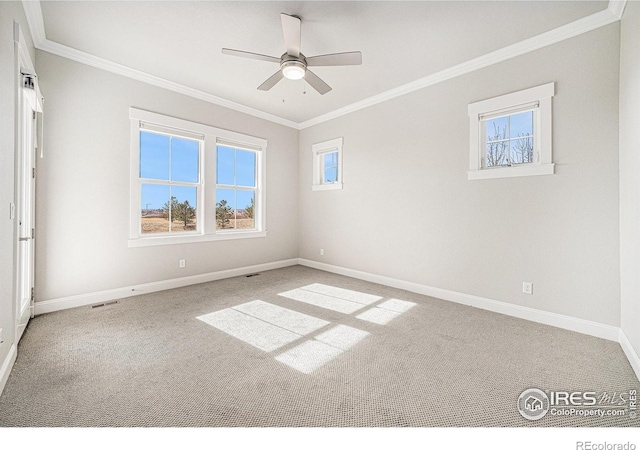 4300 Ardglass Ln, Timnath, CO 80547 - empty room with crown molding, carpet flooring, baseboards, and a ceiling fan