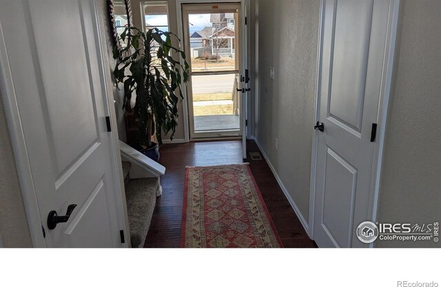 entryway featuring wood finished floors, baseboards, and a textured wall
