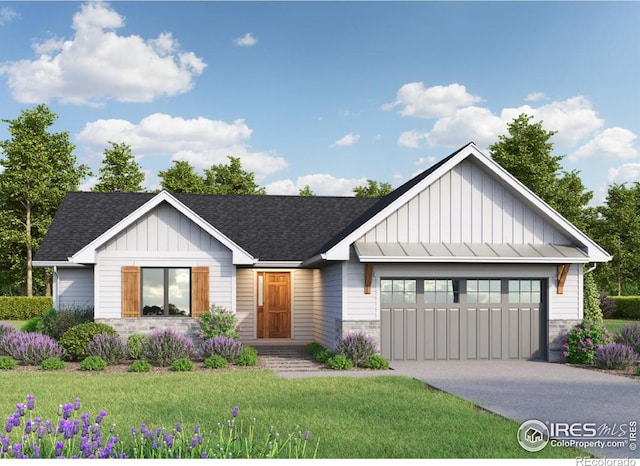 modern farmhouse with concrete driveway, an attached garage, board and batten siding, a front lawn, and a shingled roof