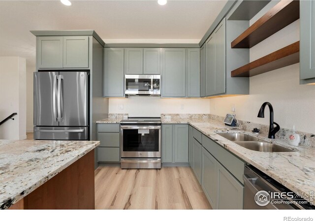 kitchen with open shelves, light wood-type flooring, a sink, light stone countertops, and appliances with stainless steel finishes