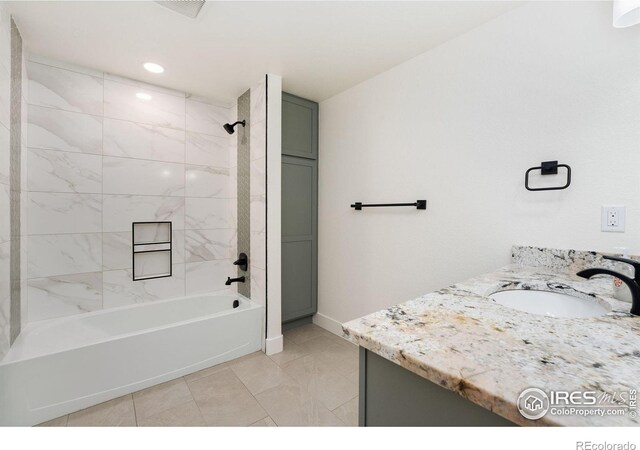 full bath featuring bathtub / shower combination, recessed lighting, and vanity