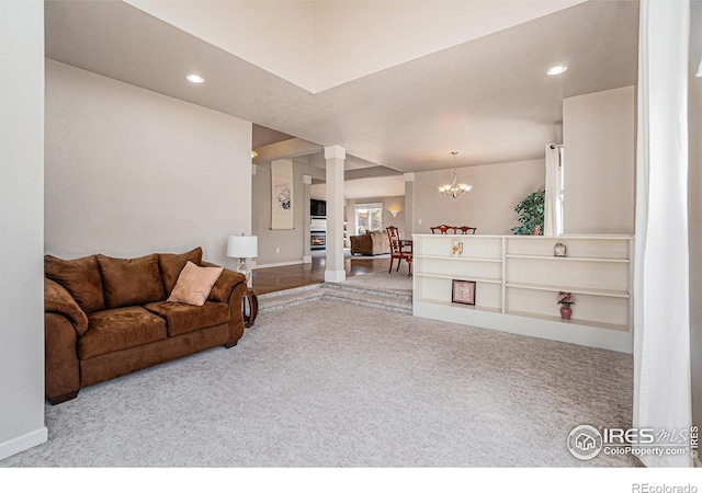 2409 Denby Ct, Fort Collins, CO 80526 - living room with carpet flooring, a chandelier, recessed lighting, and baseboards