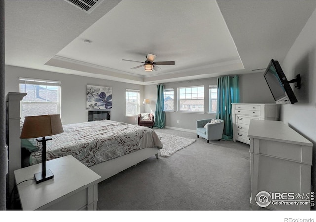 bedroom with a raised ceiling, carpet, baseboards, and a ceiling fan
