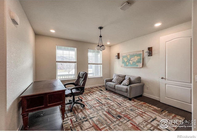home office featuring baseboards and recessed lighting