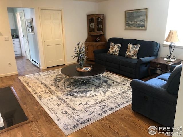 873 Cypress Dr, Boulder, CO 80303 - living area featuring a baseboard radiator and wood finished floors
