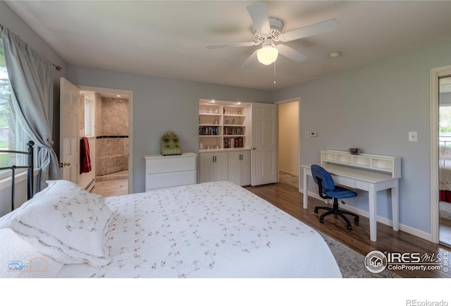 873 Cypress Dr, Boulder, CO 80303 - bedroom with wood finished floors, a ceiling fan, and ensuite bath