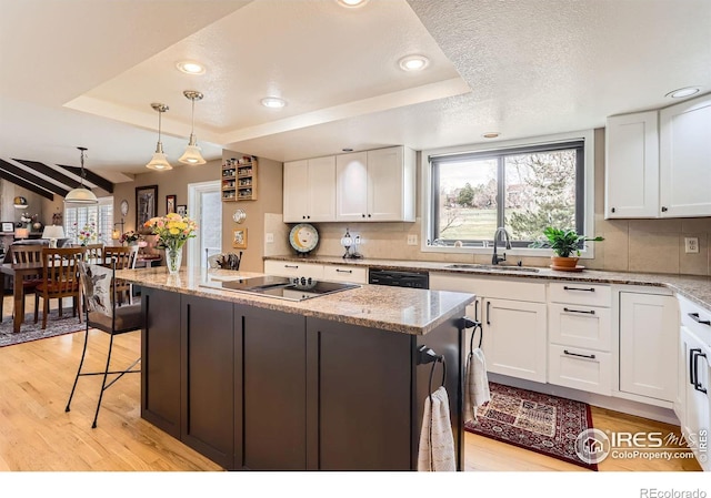 kitchen featuring a tray ceiling, black appliances, a sink, and white cabinets