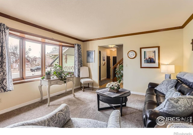 4057 Niblick Dr, Longmont, CO 80503 - living room with light carpet, baseboards, crown molding, and stairway