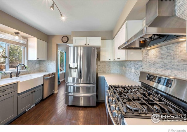 2821 5th St SW, Loveland, CO 80537 - kitchen featuring wall chimney exhaust hood, stainless steel appliances, white cabinets, a sink, and light countertops