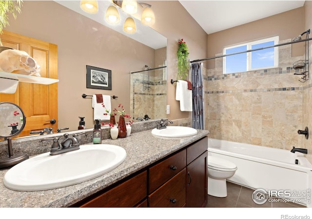 1046 Greens Pl, Erie, CO 80516 - full bath featuring toilet, shower / bathtub combination with curtain, tile patterned floors, and double vanity
