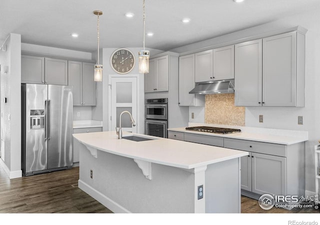 1863 Pioneer Cir, Lafayette, CO 80026 - kitchen featuring stainless steel appliances, under cabinet range hood, gray cabinets, a sink, and dark wood-type flooring