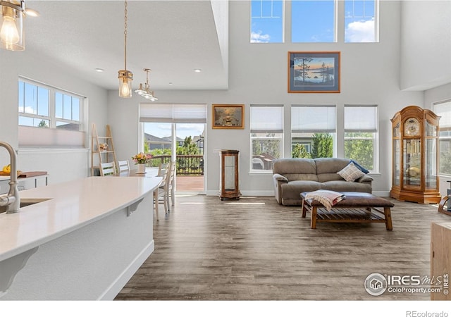 1863 Pioneer Cir, Lafayette, CO 80026 - living room with wood finished floors, baseboards, recessed lighting, and a high ceiling